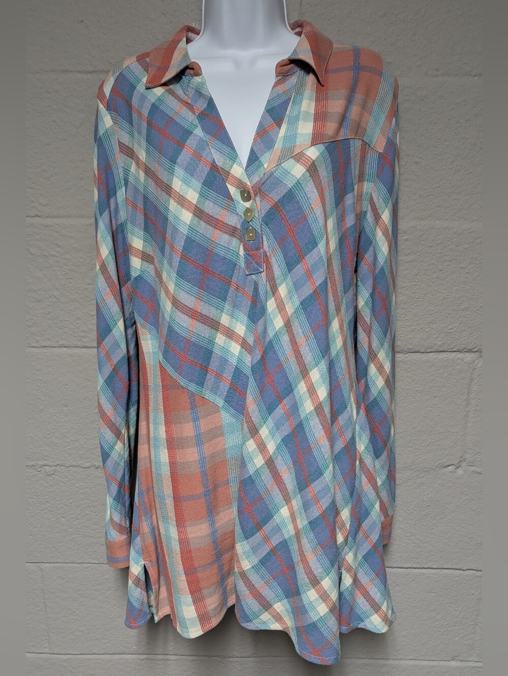 Soft Surroundings Size XL Shirt Mixed Plaid Fancy Buttons Long Line
